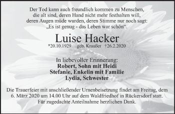 Traueranzeige von Luise Hacker von Pegnitz-Zeitung