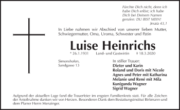 Traueranzeige von Luise Heinrichs von Pegnitz-Zeitung