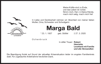 Traueranzeige von Marga Bald von Der Bote