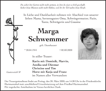 Traueranzeige von Marga Schwemmer von Hersbrucker Zeitung