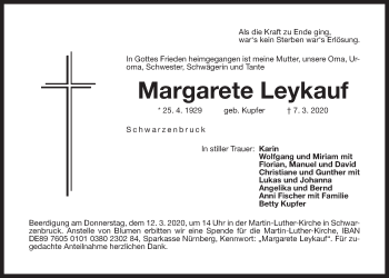 Traueranzeige von Margarete Leykauf von Der Bote