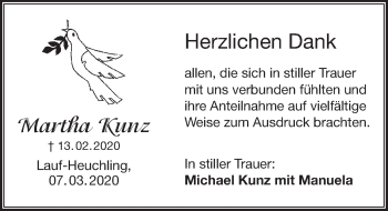 Traueranzeige von Martha Kunz von Pegnitz-Zeitung