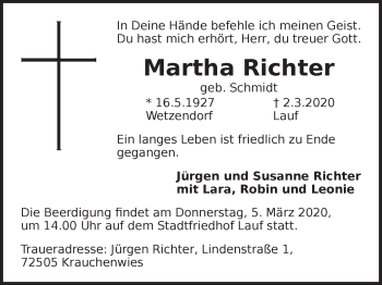 Traueranzeige von Martha Richter von Pegnitz-Zeitung