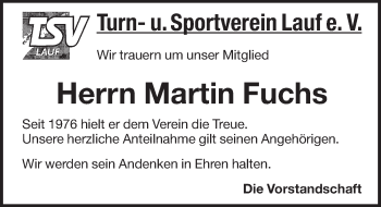Traueranzeige von Martin Fuchs von Pegnitz-Zeitung