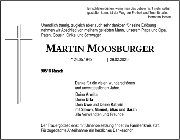 Traueranzeige von Martin Moosburger von Der Bote