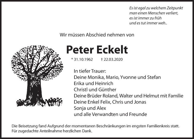  Traueranzeige für Peter Eckelt vom 28.03.2020 aus Hersbrucker Zeitung
