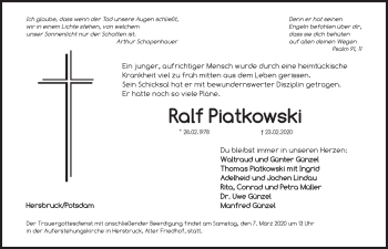 Traueranzeige von Ralf Piatkowski von Hersbrucker Zeitung