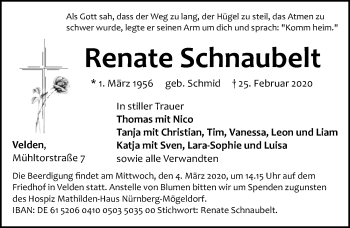 Traueranzeige von Renate Schnaubelt von Hersbrucker Zeitung