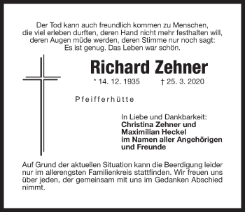 Traueranzeige von Richard Zehner von Der Bote