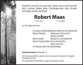 Traueranzeige von Robert Maas von Hersbrucker Zeitung