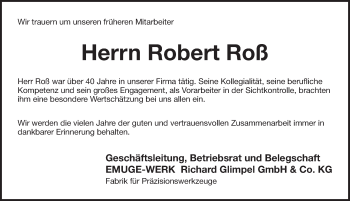 Traueranzeige von Robert Roß von Pegnitz-Zeitung