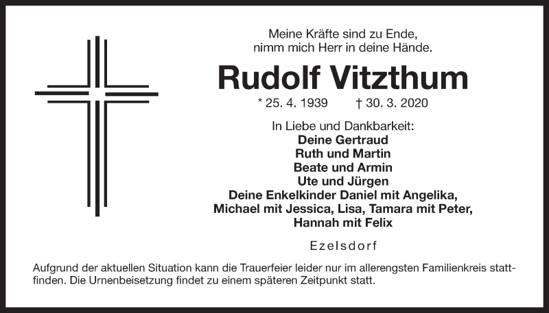  Traueranzeige für Rudolf Vitzhum vom 31.03.2020 aus Der Bote