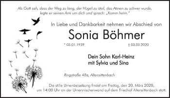 Traueranzeige von Sonia Böhmer von Hersbrucker Zeitung