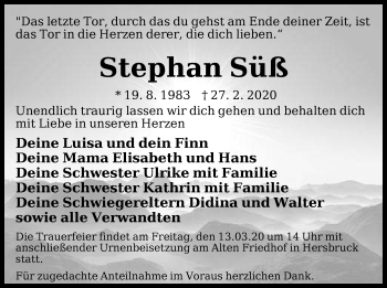 Traueranzeige von Stephan Süß von Hersbrucker Zeitung