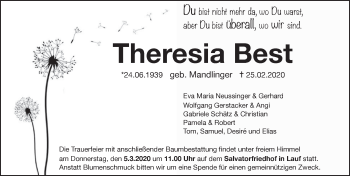 Traueranzeige von Theresia Best von Hersbrucker Zeitung