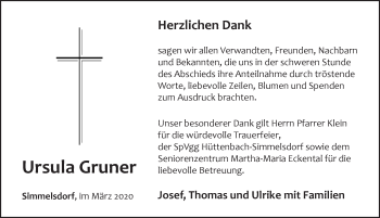 Traueranzeige von Ursula Gruner von Pegnitz-Zeitung