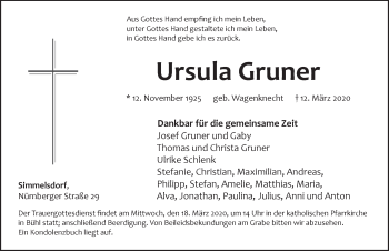 Traueranzeige von Ursula Gruner von Pegnitz-Zeitung