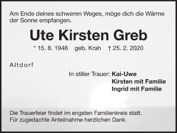 Traueranzeige von Ute Kirsten Greb von Der Bote