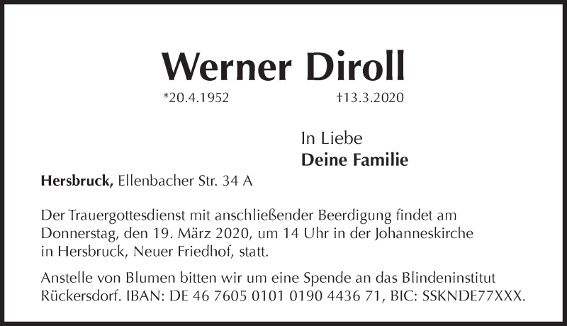  Traueranzeige für Werner Diroll vom 17.03.2020 aus Hersbrucker Zeitung
