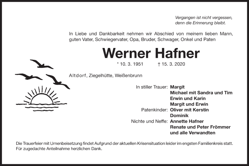  Traueranzeige für Werner Hafner vom 23.03.2020 aus Der Bote