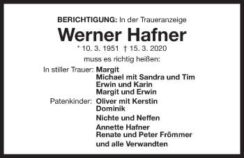 Traueranzeige von Werner Hafner von Der Bote