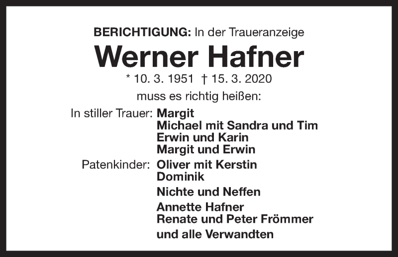  Traueranzeige für Werner Hafner vom 24.03.2020 aus Der Bote