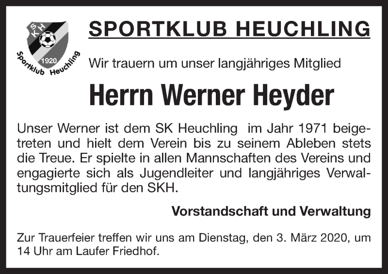  Traueranzeige für Werner Heyder vom 29.02.2020 aus Pegnitz-Zeitung