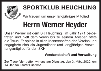 Traueranzeige von Werner Heyder von Pegnitz-Zeitung