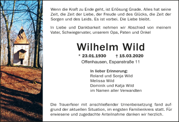 Traueranzeige von Wilhelm Wild von Hersbrucker Zeitung