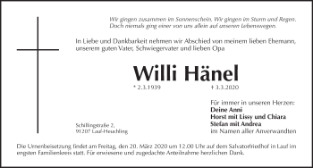 Traueranzeige von Willi Hänel von Pegnitz-Zeitung