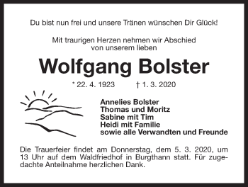 Traueranzeige von Wolfgang Bolster von Der Bote