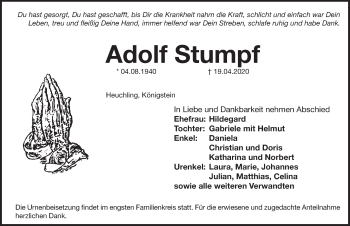 Traueranzeige von Adolf Stumpf von Pegnitz-Zeitung