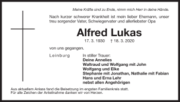 Traueranzeige von Alfred Lukas von Der Bote