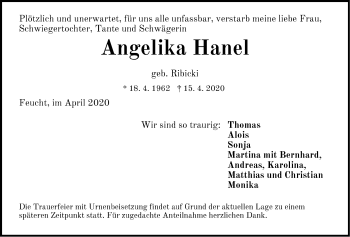 Traueranzeige von Angelika Hanel von Der Bote