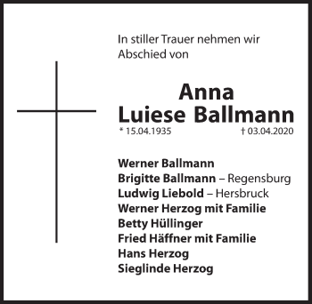 Traueranzeige von Anna Luiese Ballmann von Hersbrucker Zeitung