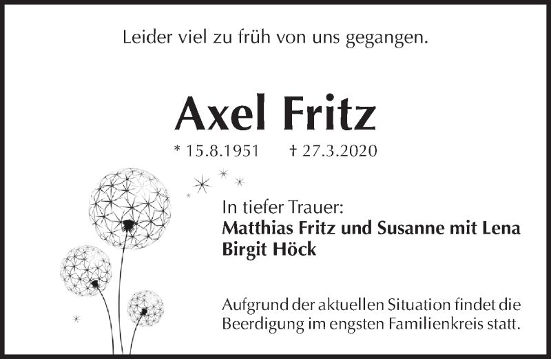  Traueranzeige für Axel Fritz vom 02.04.2020 aus Pegnitz-Zeitung