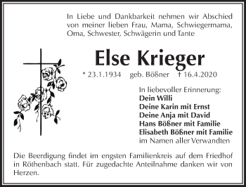 Traueranzeige von Else Krieger von Pegnitz-Zeitung