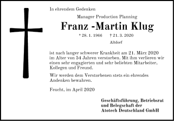 Traueranzeige von Franz-Martin Klug von Der Bote