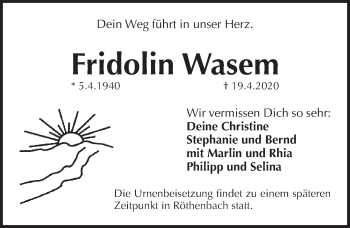 Traueranzeige von Fridolin Wasem von Pegnitz-Zeitung