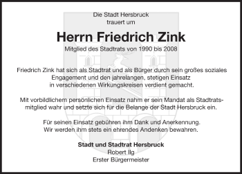 Traueranzeige von Friedrich Zink von Hersbrucker Zeitung
