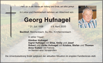 Traueranzeige von Georg Hufnagel von Hersbrucker Zeitung
