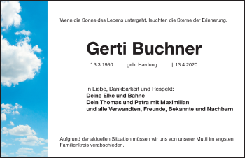 Traueranzeige von Gerti Buchner von Pegnitz-Zeitung