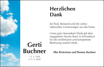 Traueranzeige von Gerti Buchner von Pegnitz-Zeitung