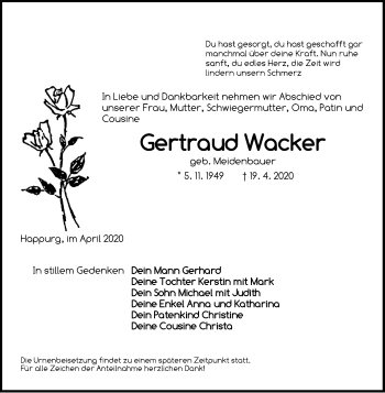 Traueranzeige von Gertraud Wacker von Hersbrucker Zeitung