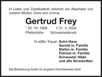 Traueranzeige von Gertrud Frey von Der Bote
