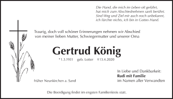 Traueranzeige von Gertrud König von Pegnitz-Zeitung