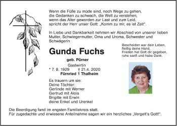 Traueranzeige von Gunda Fuchs von Hersbrucker Zeitung