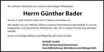 Traueranzeige von Günther Bader von Hersbrucker Zeitung