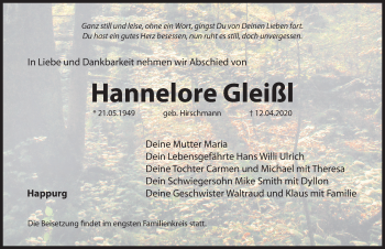 Traueranzeige von Hannelore Gleißl von Hersbrucker Zeitung