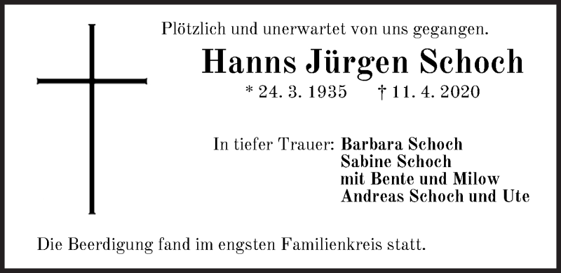  Traueranzeige für Hanns Jürgen Schoch vom 18.04.2020 aus Der Bote